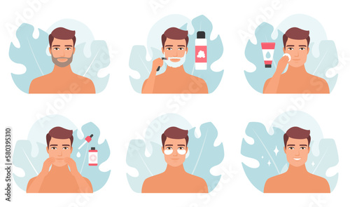 Shaving and facial skincare routine of man in bathroom set vector illustration. Cartoon male characters shave with razor, apply treatment serum and beauty products, eye patches to care and clean skin