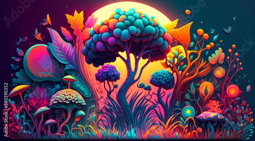 illustration of a psychedelic neon magic garden with a tree of life and mushrooms, created with generative ai
