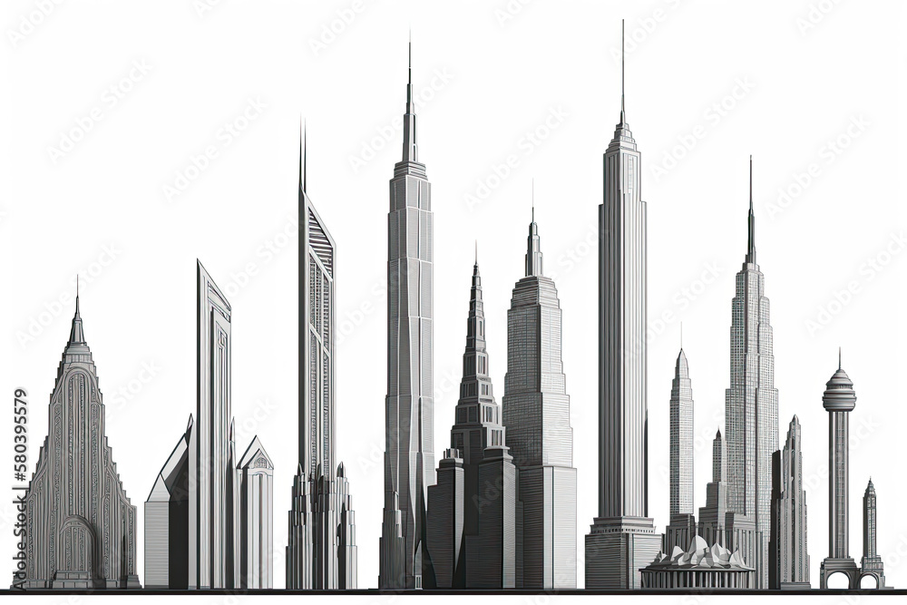 Fototapeta premium Skyline of skyscrapers drawn on a white background. Generative AI