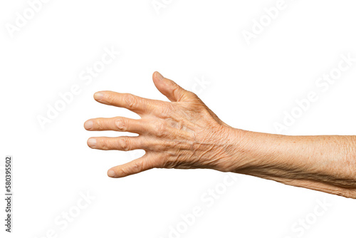 Old senior woman's hand isolated on white background.