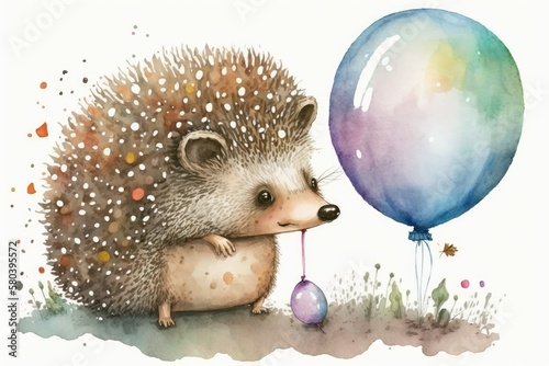 Watercolor drawing of a cute cartoon hedgehog with a balloon, a forest animal, a hedgehog,. Generative AI © AkuAku
