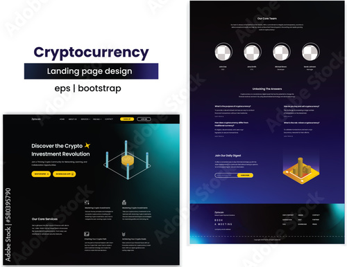 Crypto Exchange Template, The Landing Page For The Cryptocurrency Market Is Created In A Flat, Minimal Style With An Isometric Layout And Blue Color Scheme. Template For A Dark Toned Landing Page