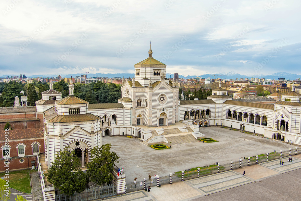 Aerial view of Cimitero Monumentale di Milano or Monumental Cemetery of Milan, the burial place of the most remarkable Italians, noted for the abundance of artistic tombs and monuments.