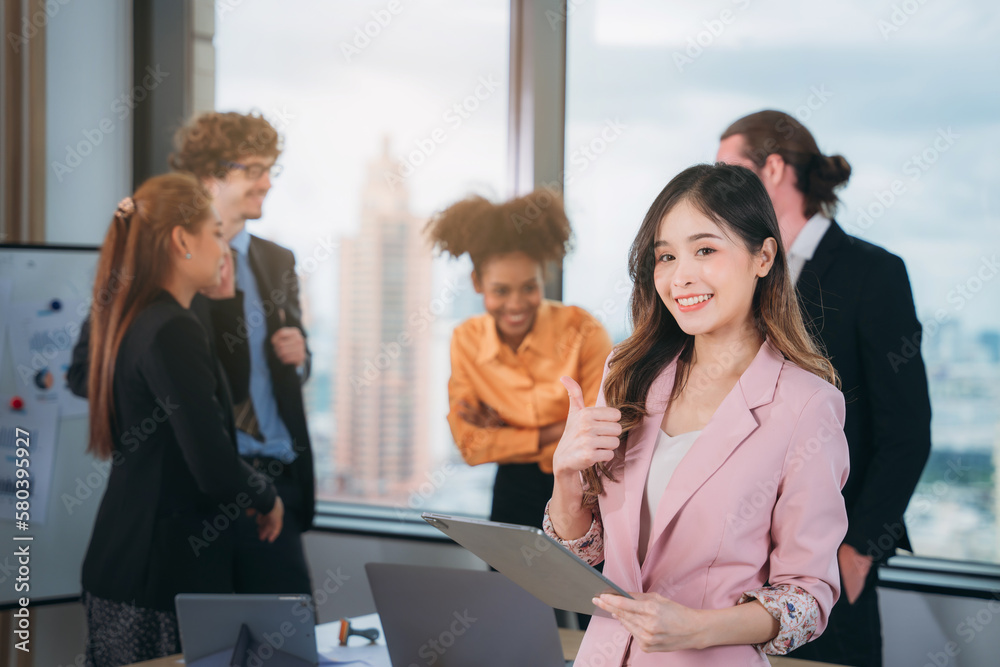 Obraz premium Portrait of happy Business business meeting about documents and ideas at the office desk. Discussion among businesspeople on the latest developments.