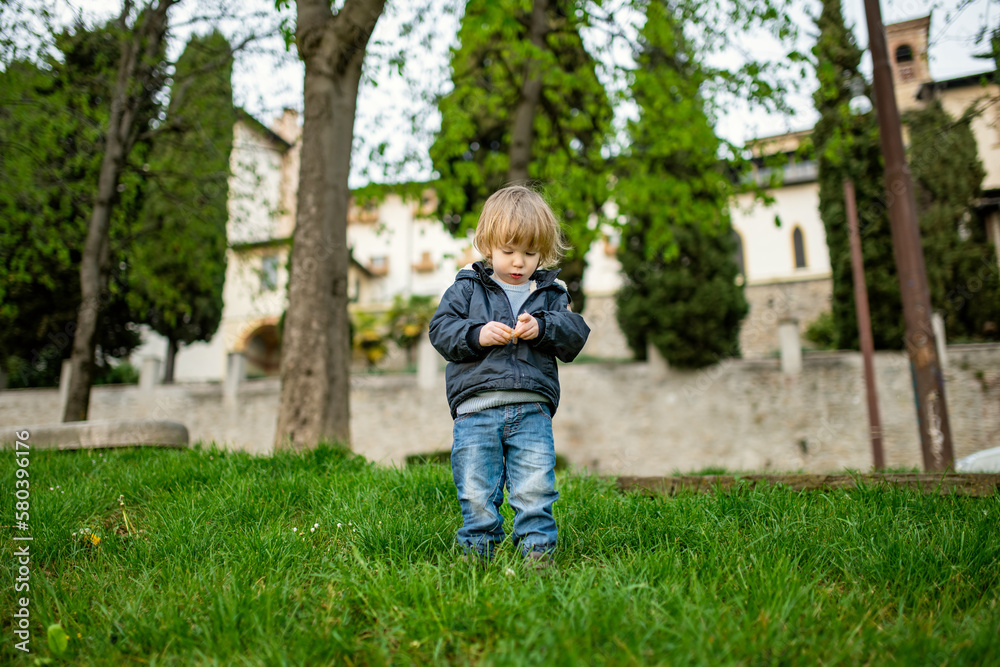 Cute toddler boy playing in the grass in Bergamo. Little child having fun exploring in Citta Alta, upper district of Bergamo. Bergamo, Italy. Cute toddler boy playing in the grass in Bergamo. Little child having fun exploring in Citta Alta, upper district of Bergamo. Bergamo, Italy.