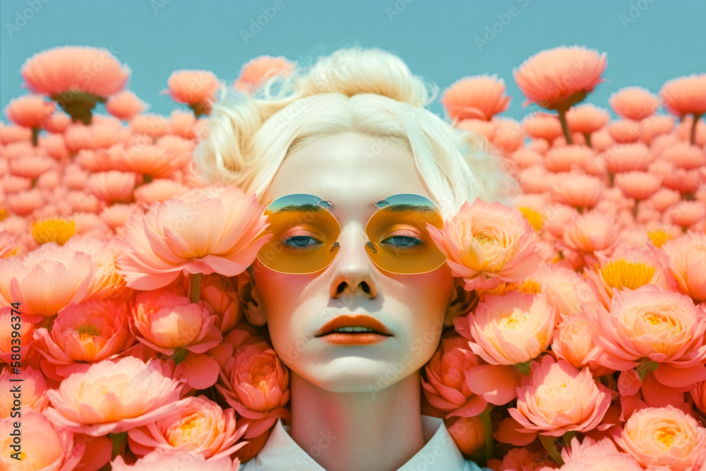 Fashion blonde model woman wearing sunglasses surrounded by coral color flowers in a meadow in spring and blue sky.. Spring. Illustration, Generative AI