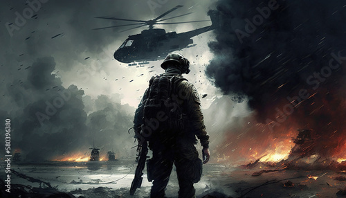 War. Armed soldier with explosions on background. AI