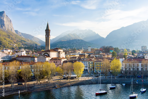 Bild auf Leinwand Sunny aerial cityscape of Lecco town on spring morning