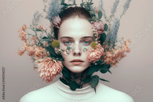 Abstract portrait of a beautiful woman with natural wild flowers surrounding her face on pastel pink background. Illustration. Generative AI