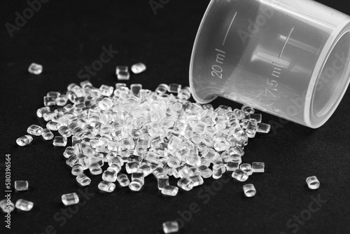 Transparent Plastic in granules. Polymer pellets.