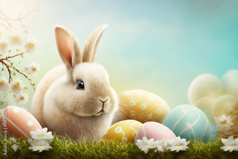 Fototapeta premium Easter bunny and Easter eggs on green grass field. Generative AI.