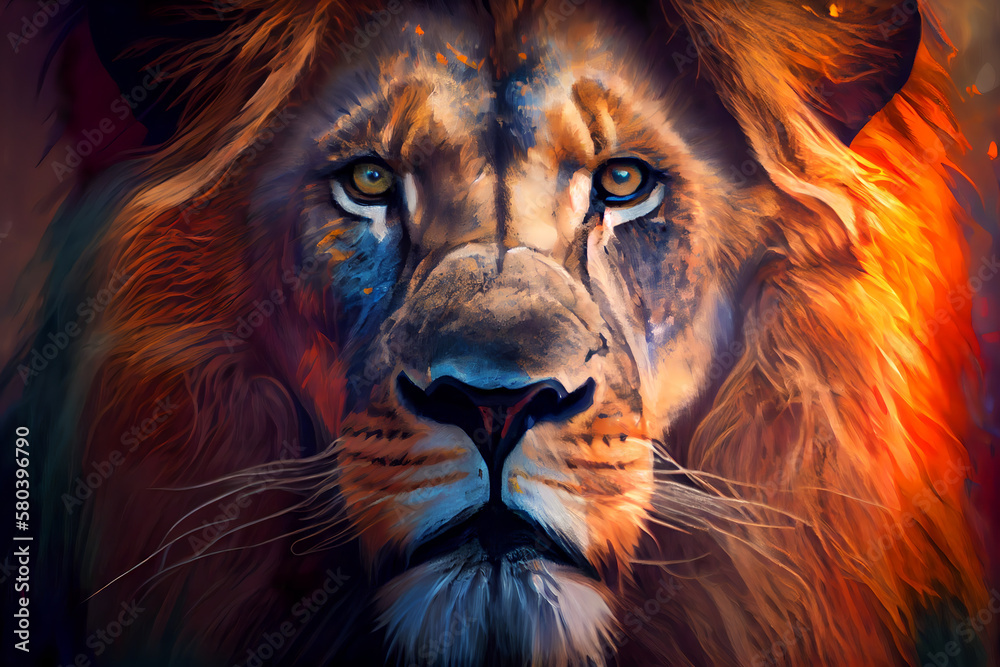 Get up close with this majestic lion, captured in a painterly style