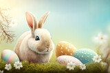 Easter bunny and Easter eggs on green grass field. Generative AI.