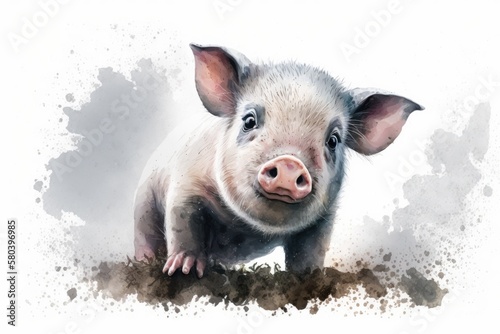 Watercolor picture of a cute pig. series of young animals. Generative AI