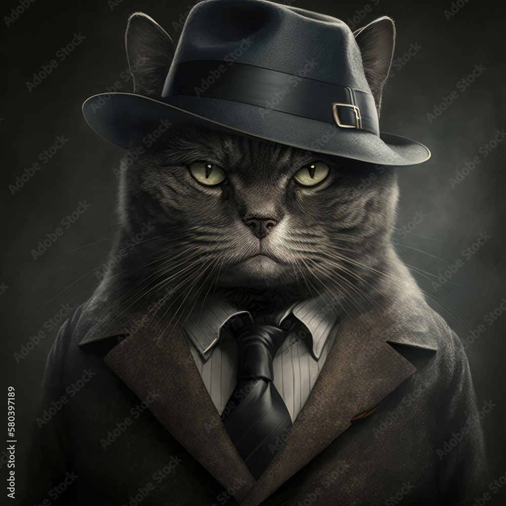A portrait of a serious cat in a black hat, a tie and a coat. Created with Generative AI.