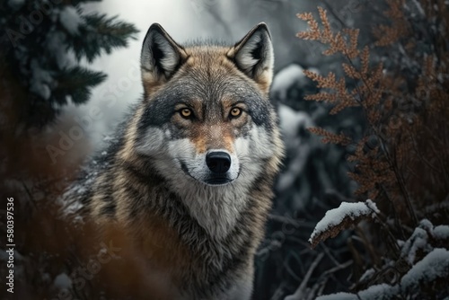 Wolf close up in the forest. Winter scene of wildlife in the wild. The natural home of a wild animal. Generative AI