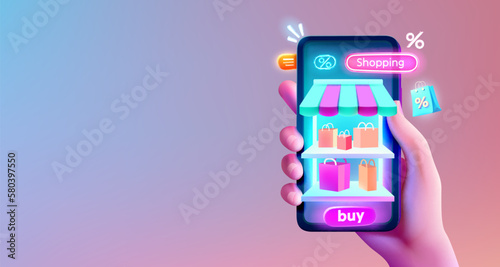 The store window in the smartphone, discount and purchase interest, online market. Vector
