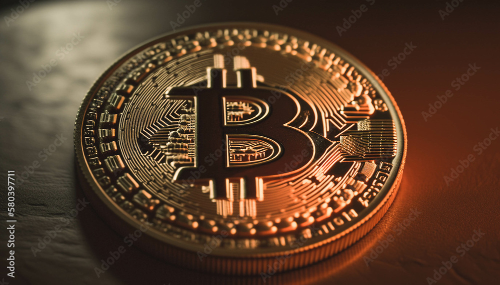 Fototapeta premium Golden coins with bitcoin symbol on a mainboard. AI generated