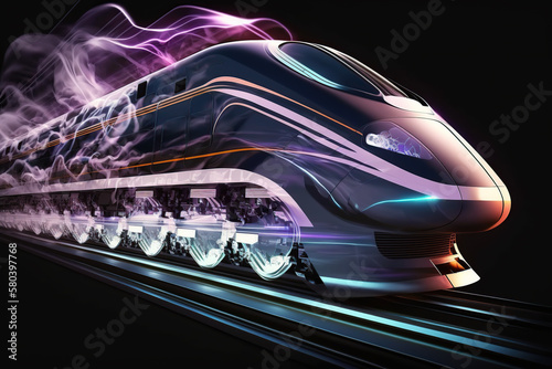 Ffuturistic technology electric train with Neon Light motion blur Motion blur moving inside tunnel. Generative ai