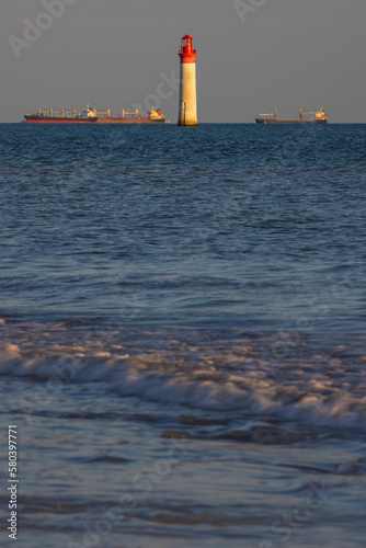 Phare de Chauvea near Ile de Re with ships to La Rochelle, Pays de la Loire, France