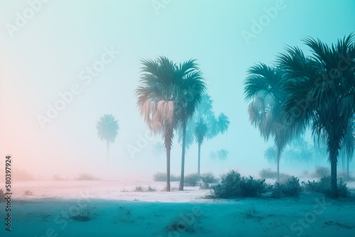 Summer tropical palm trees in mist near to the ocean. Generative AI