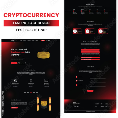 A Blockchain Or Cryptocurrency Exchange Based Landing Page For Crypto Based Website Promotion In Flat Design With A Dark Red Color Scheme Block Servers Linked Together, Bitcoin Landing Page Design.