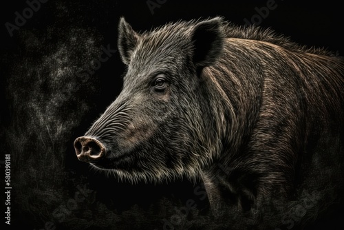 wild boar on a black background. Generative AI