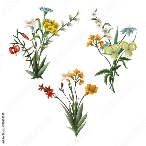 Bouquets with thin meadow flowers. Vector.