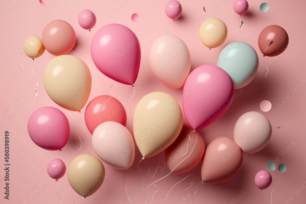 Colorful Balloons Flying In The Air, Creating A Fun And Festive Atmosphere With Pastel Pink Background, Creative Fun Concept Of Colorful Helium Balloons, Balls Surprise Flying, Generative Ai
