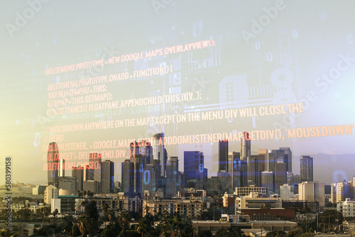 Abstract virtual coding illustration on Los Angeles cityscape background, software development concept. Multiexposure