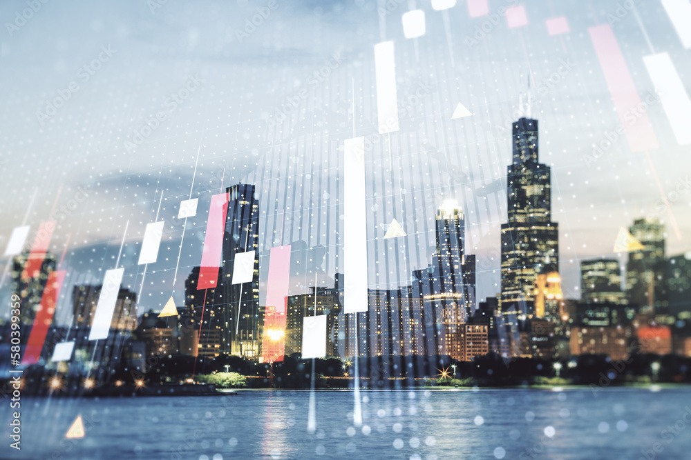 Multi exposure of virtual abstract financial graph hologram and world map on Chicago cityscape background, financial and trading concept