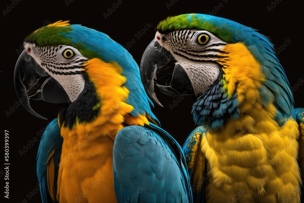 Fototapeta premium Two macaw parrots with colorful feathers and long tails. Close up of a macaw bird. Portrait of a blue yellow macaw parrot. has a natural background The background is out of focus. Generative AI