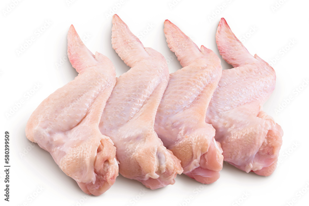 Raw chicken wings isolated on white background with full depth of field. Top view. Flat lay