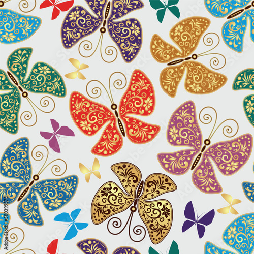 Vector colorful seamless spring easter pattern with lace butterflies on white