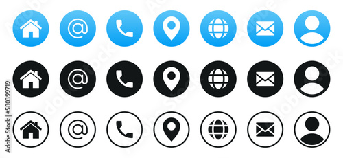 contact icons set. contact us web icon , home, address, location, call, message, mail, envelope, telephone, website, user, profile, icon - Website contact icons collection set. vector web buttons