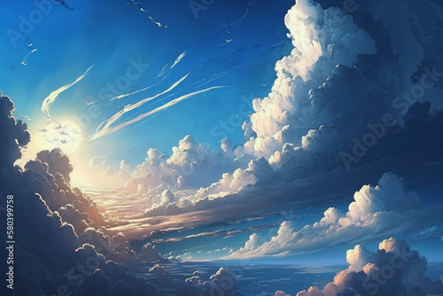 Painted picture of cloud in the sky over mountains and sunset