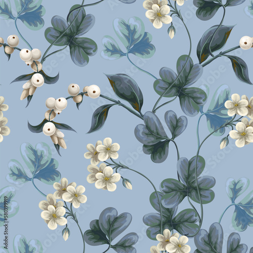 Seamless pattern with white flowers, berries and leaves. Botanical illustration. Vector.