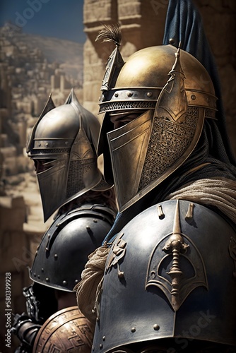 illustration, the knights are warriors in armor and helmets, generative ai