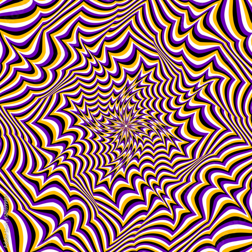 Moving optical illusion of purple golden black and white distorted stripes. Psychedelic vector background.