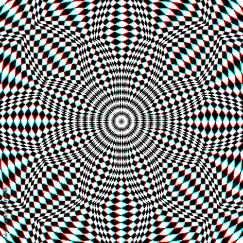 Optical art background of white black and red cyan rhombuses in a circle. Psychedelic round ornament design.