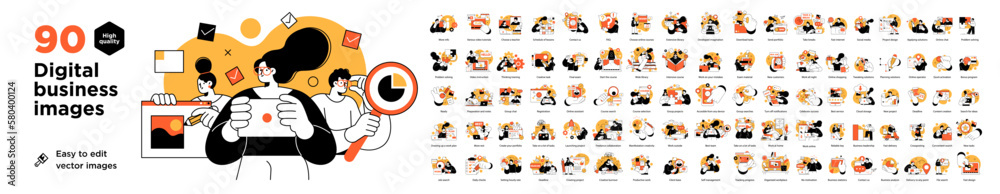 Naklejka premium Business Concept illustrations. Mega set. Collection of scenes with men and women taking part in business activities. Vector illustration