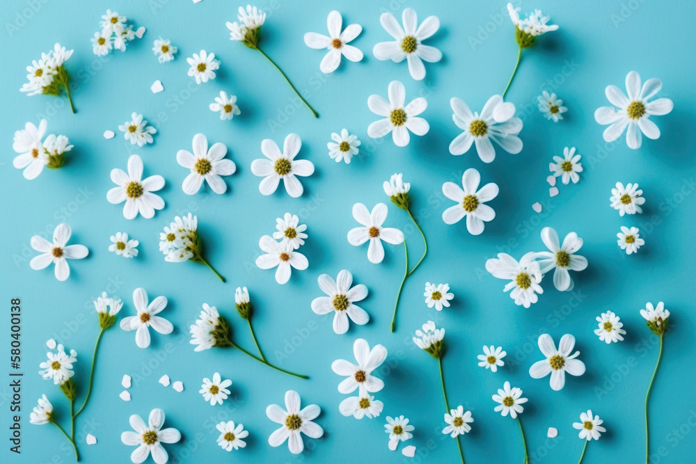  Flat lay creative summer and spring flowers concept, on blue background. Beautiful white flowers bloomed. Illustration. Generative AI