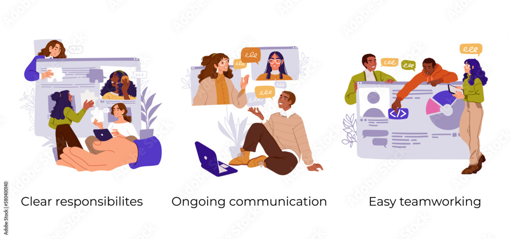 Business Teamwork illustrations. Collection of scenes with men and women taking part in business activities. Trendy style