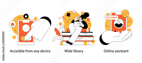 Educational and Self-Development Concept Illustrations. Different people inolved in education process. Concept for trainings, seminars, back to school, online courses.