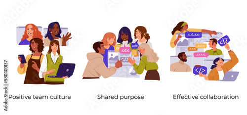 Business Teamwork illustrations. Collection of scenes with men and women taking part in business activities. Trendy style
