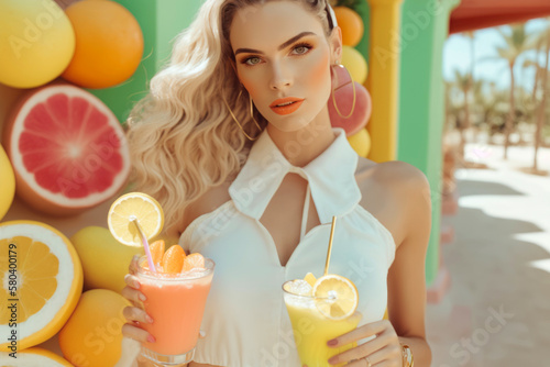 beautiful fashionable young woman at beach bar enjoying refreshing cocktail during summer vacation. Trips. Illustration. Generative AI #580400179