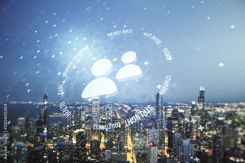 Naklejka premium Abstract virtual people icons on Chicago skyline background. Life and health insurance concept. Multiexposure
