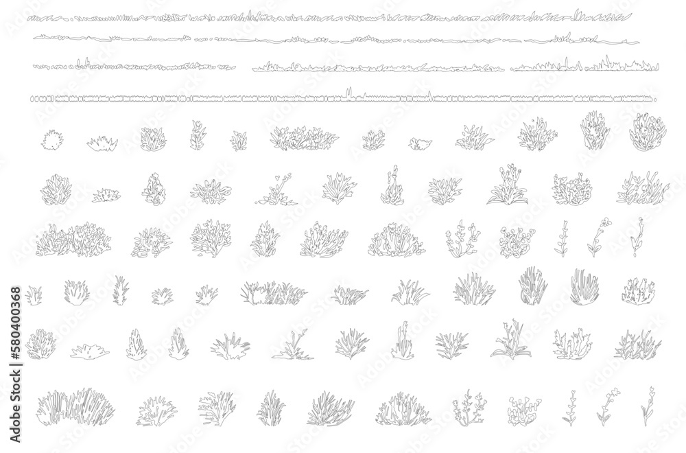 set of grass line cad and silhouettes isolated on white background. Ground cover. Illustration for  elevation architectural element, side view, grass section. Turf coating banners for edging.