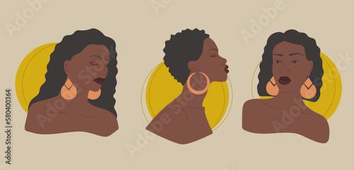 Set of young black women avatar, sun and african lady illustration. Girl power concept.