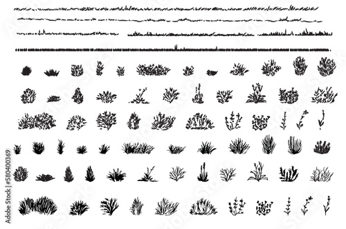 set of grass line cad and silhouettes isolated on white background. Ground cover. Illustration for  elevation architectural element, side view, grass section. Turf coating banners for edging.